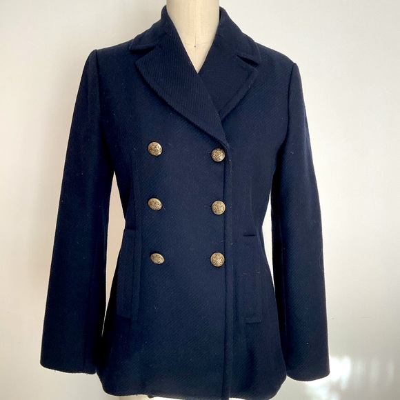 Banana Republic Navy Blue Double Breasted Wool Pea Coat with Gold Buttons - Picture 1 of 12